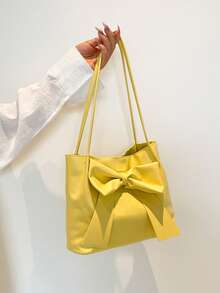 New Fashion Bucket Handbag, Bowknot Decor, Spring/Summer Tote Bag, Shoulder Bag, Commuter Bag, Solid Color Handbag For Women - Yellow - View 4
