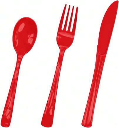 HEIPINIUYE 75 Pack Red Plastic Cutlery Heavy Duty Red Plastic Knives Forks And Spoons Disposable Silverware Set For 25 Guest Camping Birthday Baby Shower Party Cutlery Set