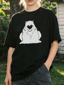 Camiseta de manga corta con cuello redondo suave y casual de verano para mujer, estampado clásico con silueta de personaje de anime minimalista en blanco y negro. Blanco. - Negro - Ver 7