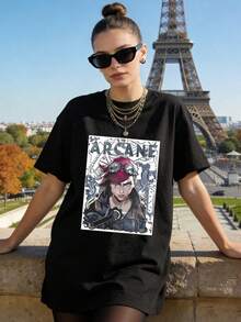 Ropa de Verano para Mujer, Camiseta Casual de Algodón Suave con Cuello Redondo, Estampado de Personajes de Anime Arcane Letter. - Negro - Ver 9