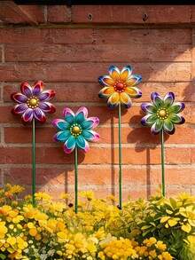 4pcs Outdoor Metal Colorful Floral Garden Decor Stakes | Durable And Vibrant Garden Decorations, Yard Art, Patio Decor, Lawn Accessories, Easy To Install, Suitable For Landscaping, Spring, Summer And Holiday Decorations - Flowers - View 2