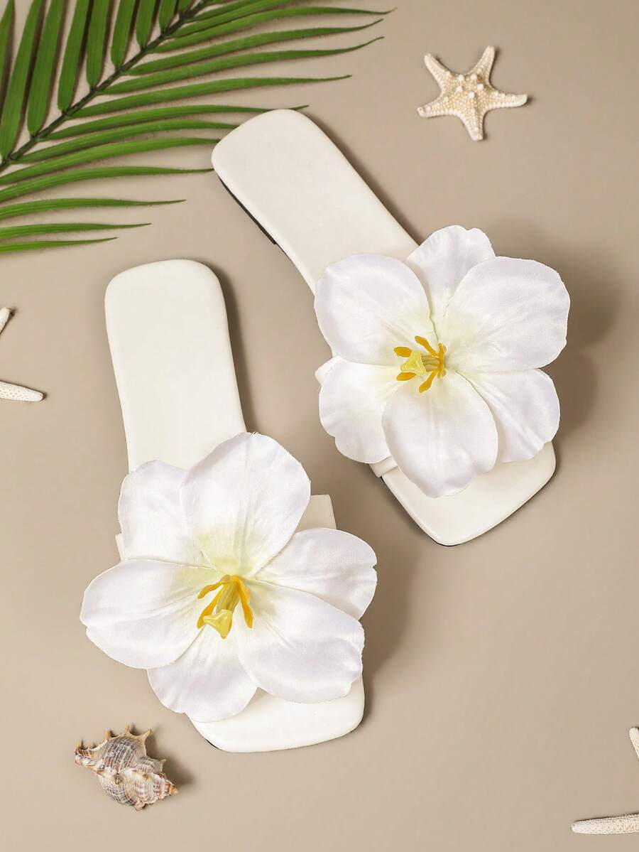 女士夏季平底凉鞋，3D立体花卉装饰，方头设计，纯色，沙滩/度假风，休闲日常穿着，防滑，轻便柔软鞋底，大码露趾拖鞋 - 白色 - 查看 1