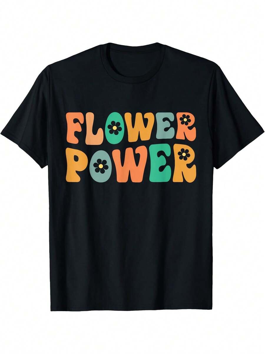 Women's Vintage T-Shirt From The 1960s And 1970s - Hippie Style With Retro Floral Print In Orange/Green/Blue - Soft And Stretchy Fabric, Loose Fit And Round Neck For Parties, Casual Wear And Retro Style - 黑色 - 查看 1