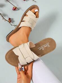 Ximi Ruo Korean Style Casual Flat Slide Sandals, Open Toe, Woven Roman Style, Suitable For Spring, Summer, Beach, Vacation, Dress Wearing, Brown Color - Beige - View 5