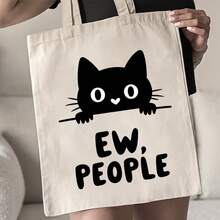 Funny Sarcastic EW, PEOPLE Bag - Open Top Beige/White Tote With Black Cat Peeking - Machine Washable Everyday Shoulder Bag For Women & Men, Lightweight Grocery Or Travel Bag With Minimalist Graphic Design, Casual Carryall, Playful Accessory, Sturdy Construction, Versatile Carryall, Urban Commuters - màu đen - Xem 6