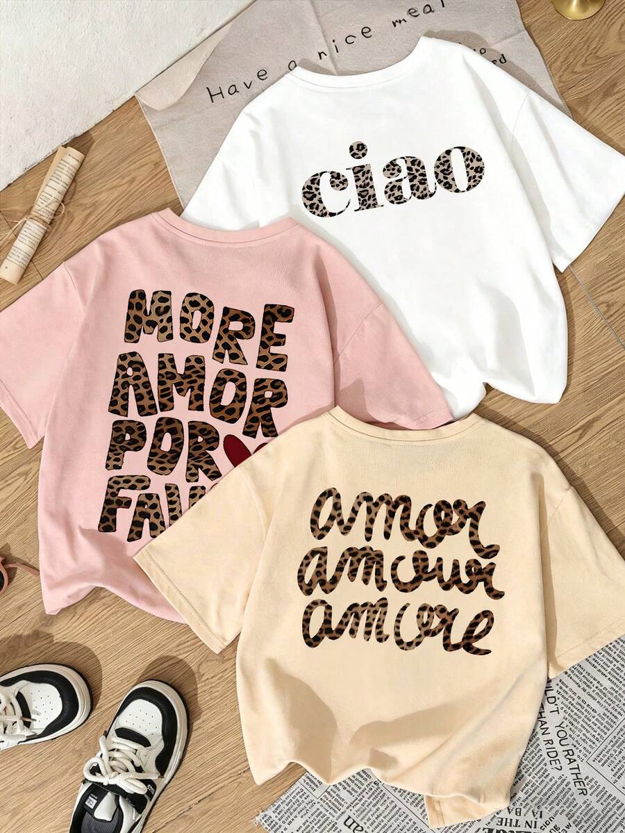 3件套女士豹纹印花“More Amor Por Favor”图案休闲圆领短袖T恤，Y2K美学街头风，适合约会之夜、闺蜜聚会和日常休闲夏季穿着。