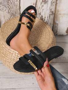 Women's Summer New Open Toe Flat Sandals With Gold Stripe Cutout Design, Navy Blue Color, Suitable Casual, Holiday, Daily Wear - Match With Dresses, Leggings, Casual Pants, Shorts, Skirts.Slip-On Snake Print Ladies Slippers, Suitable Spring, Summer, Autumn, Valentine's Day, Mother's Day, Festivals, Parties, Fashion, Elegant, Minimalist,, Cute, Vacation, Travel, Daily Matching, Beach Shoes - Đen 4 - Xem 5