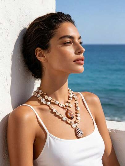 Boho Ocean Beach Layered Necklace, Irregular Natural Mother Of Pearl Shell Beaded Chain, Cowrie Conch Shell Pendant Double Layer Necklace, Vintage Bohemian Summer Tropical Vacation Jewelry Accessories For Women Holiday Party Daily Gift