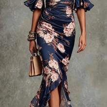 Womens Floral Print Asymmetrical Neck Half Sleeve Backless Bodycon Boho Cute Long Dress - Dark Blue - View 1