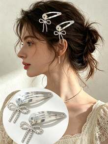 2pcs Silver Rhinestone Bow Hairclips, Niche Minimalist Side Clips, Exquisite Versatile Metal Hair Accessories, Girly Daily & Work Wear,Hair Clip,Birthday - Silver - View 2