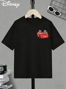 Disney Authorized Lightning McQueen With "Lighting" Letter Double-Sided Printed Children's T-Shirt Short Sleeved Casual Top For Boys And Girls - 黑色 - 查看 3