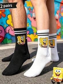 SpongeBob SquarePants 2 đôi tất dài đến bắp chân, in hình hoạt hình đen trắng tương phản, kiểu dáng vui nhộn, thích hợp mặc hàng ngày, mọi mùa. - Nhiều màu - Xem 2