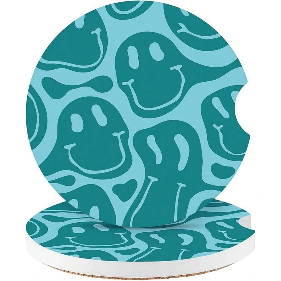 NEW- Car Coasters,Purple Smily Absorbent 2 Pack For Cup Holders With Finger Notch,2.56 Inches Ceramics Heat Resistant Anti Slip Cork Base Car Drinks Coasters Auto Cup Holder(Blue-Green Face) - Mặt xanh lục - Xem 1