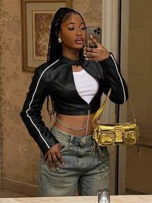 Chaqueta corta gótica Punk con diseño de gato extraño para mujer, abrigo Sexy con cuello alto salvaje de PU a rayas y botones con cremallera, ropa para discoteca de medianoche - Negro - Ver 4