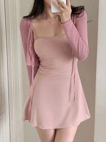 Set de 2 vestidos de mujer, color rosa, para primavera/verano/otoño, ropa de los 90, vestidos casuales de mujer, ropa de mujer para otoño con vestido de manga larga - Rosa - Ver 7