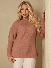 Pingo D' La Malhas Women's Plus Size Textured Knit Blouse With High-Relief Diamond Pattern, Loose Fit, Comfortable For Winter - New Beige - View 3