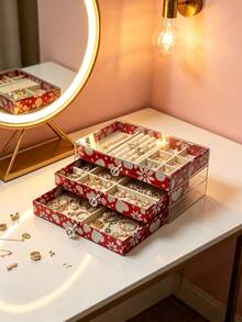 1pc 3/1 Layer Printed 3-Tier Acrylic Jewelry Box, Large Capacity Drawers Style Jewelry Organizer Box, Transparent Dust-Proof Storage Box For Rings, Earrings, Necklaces, Velvet Lining With Compartments, Ideal For Vanity Table Or Desk, Great Gift For Girlfriend Or Best Friend - Multicolor - View 3
