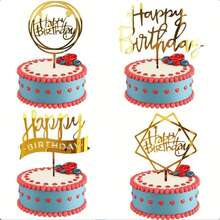 4 piezas de decoraciones de pastel de acrílico, decoración de pastel de fiesta, decoraciones de pastel con purpurina dorada, tarjetas de decoración con letras de "Feliz Cumpleaños", decoración de pastel de fiesta de cumpleaños, suministros creativos de repostería, regalos para fiestas y cumpleaños - A - Ver 2