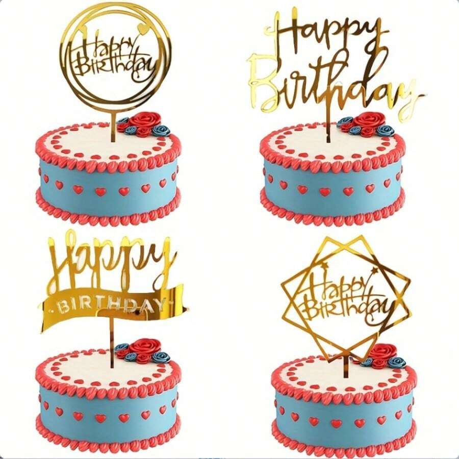 4 piezas de decoraciones de pastel de acrílico, decoración de pastel de fiesta, decoraciones de pastel con purpurina dorada, tarjetas de decoración con letras de "Feliz Cumpleaños", decoración de pastel de fiesta de cumpleaños, suministros creativos de repostería, regalos para fiestas y cumpleaños