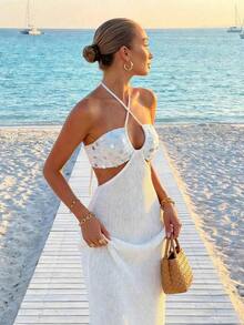 Vestido de mujer minimalista y elegante de cuello halter, estilo casual y chic, para primavera/verano y vacaciones en la playa - Blanco - Ver 4