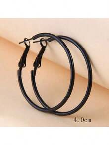 1 par de pendientes de aro/botón cuadrados minimalistas de color negro de moda para mujeres - Negro - Ver 12