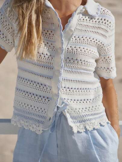 Sweet & Youthful Hollow Out Knitted Short Sleeve Cardigan, Purple & White Contrast Color Breathable Summer New Arrival For Women