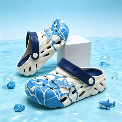 Cool Wave & Shark Design Kids Breathable Lightweight EVA Sandals, Casual Beach Slip-On Shoes For Boys, Summer