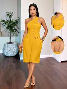 Elegant And Stylish Two Pieces Set For Women In Spring And Summer, Suitable For Commuting, Everyday Wear, Casual Occasions, Parties, Birthday Parties, Thanksgiving, And Back-To-School. Features An Asymmetrical Neckline, Sleeveless Halter-Neck Top With Buttons And Zip-Up Capri Pants. The Halter Neck Detail Adds A Touch Of Casual Vacation Style. Springtime Suit. - Naranja - Ver 9