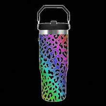 30Oz Stainless Steel Water Bottle With Straw For Sports, Travel, And School Sports Water Bottle, Keeps Water Warm For Over 24 Hours, Sealable, Portable, Flip Top, Ideal For Hot And Cold Beverages, Coffee, And Frozen Drinks - 豹紋8 - 查看 10
