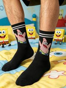 SpongeBob SquarePants 2双装男女通用黑白撞色卡通海星印花中筒袜，趣味休闲袜，适合上学，四季皆宜 - 彩色 - 查看 5