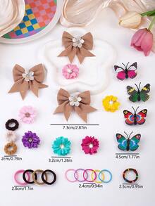 6/830PCS Colorful Coffee Brown Gentle Vintage Girls Hair Accessories Set, Includes Faux Butterfly Hair Clips, Flower Bow Hair Clips, Rhinestone Flower Hair Clips, High Elasticity Non-Damaging Hair Ties, Suitable For Girls Daily, Party, Gift Use - Multicolor - View 9