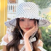 1顶复古印花波点宽檐渔夫帽，可爱甜美女孩户外遮阳帽，带蝴蝶结和荷叶边，防紫外线，适合日常佩戴、海滩度假、拍照、女士夏季配饰、假日、旅行 - 彩色 - 查看 8