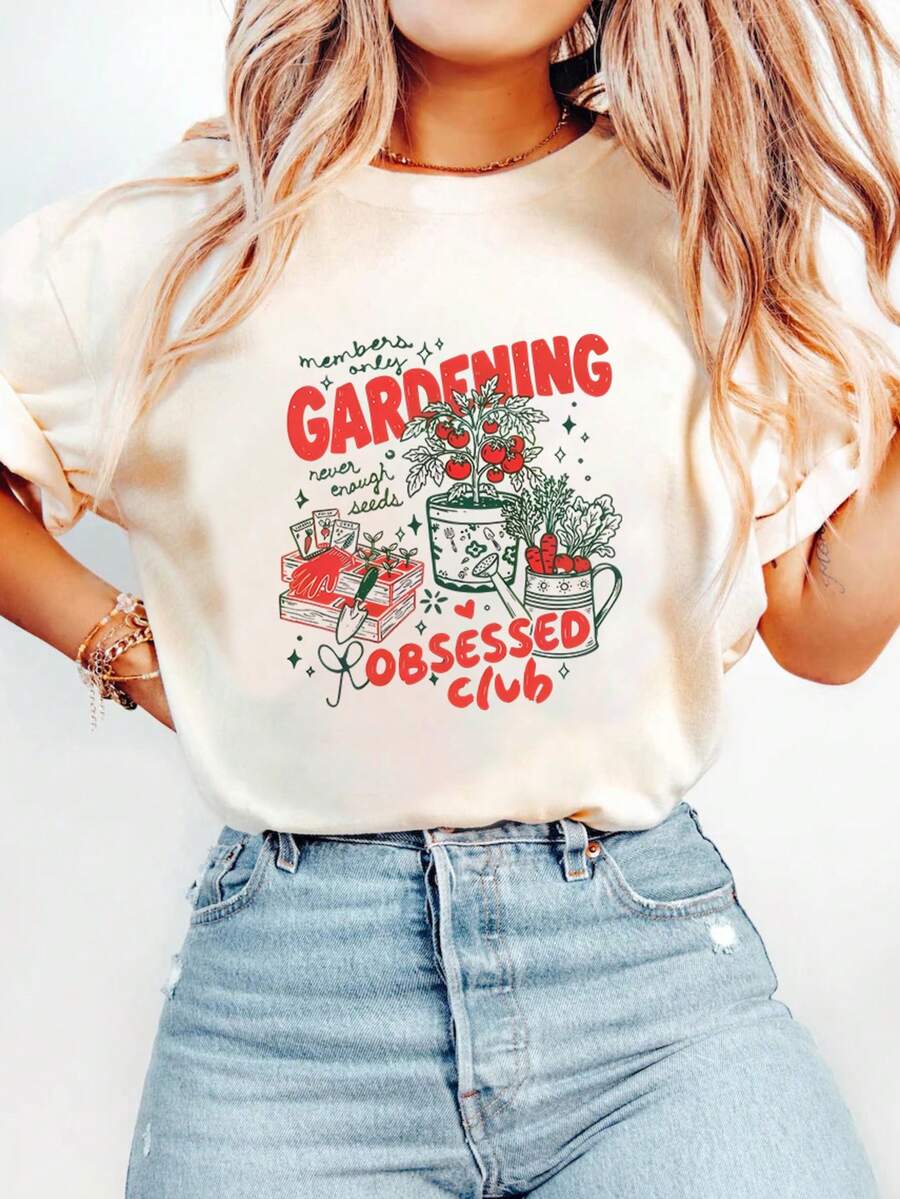 Plus Size Women's Summer Pattern Print Casual Simple Loose Everyday Comfortable Fashionable Round Neck Short Sleeve Plus Size T-Shirt Tops - Apricot - View 1