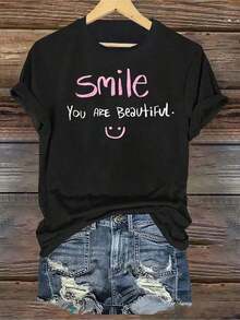 Camiseta negra con estampado rosa "Sonríe, eres hermosa" - Blusa casual de cuello redondo, manga corta, elástica, lavable a máquina, apta para uso diario y para combinar en todas las estaciones, prenda básica cómoda y esencial en el armario - Negro - Ver 6