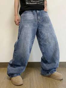 Quần jeans ống rộng dáng suông LIYS dành cho nam, màu xanh nhạt cổ điển, kiểu dáng rộng rãi, phong cách đường phố thường ngày. - Màu xanh lam - Xem 1