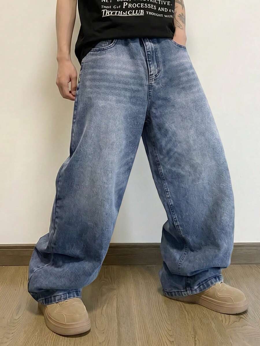 Quần jeans ống rộng dáng suông LIYS dành cho nam, màu xanh nhạt cổ điển, kiểu dáng rộng rãi, phong cách đường phố thường ngày. - Màu xanh lam - Xem 1