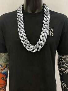 1pc Men's Faux Large Chain Necklace, Gold-Tone Hip Hop Chunky Chain Necklace, Performance Prop (This Product Is Made Of ABS Resin, And Slight Differences In Appearance Under Lighting Are Normal) - Silver - View 5