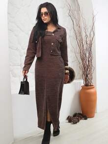 Autumn Chic Set: Long Dress With Slit + Elegant Jacket – Sophistication That Warms With Style ✨ Elegant Casual Knit Fabric Daily Formal And Evening Autumn - Rỉ Nâu - Xem 6