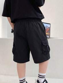 1 pièce Short décontracté ample avec poches pour garçons préadolescents, poches latérales, short cargo de sport, printemps/été/automne - Noir - Voir 3