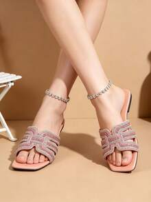 New Fashionable Minimalist Slippers, Square Toe Comfortable Classic Solid Color Sandals, Spring/Summer Elegant Women's Shoes, Non-Slip Suitable For Indoor/Outdoor, Travel, Beach, Shiny Criss-Cross Roman Design - Pink - View 9