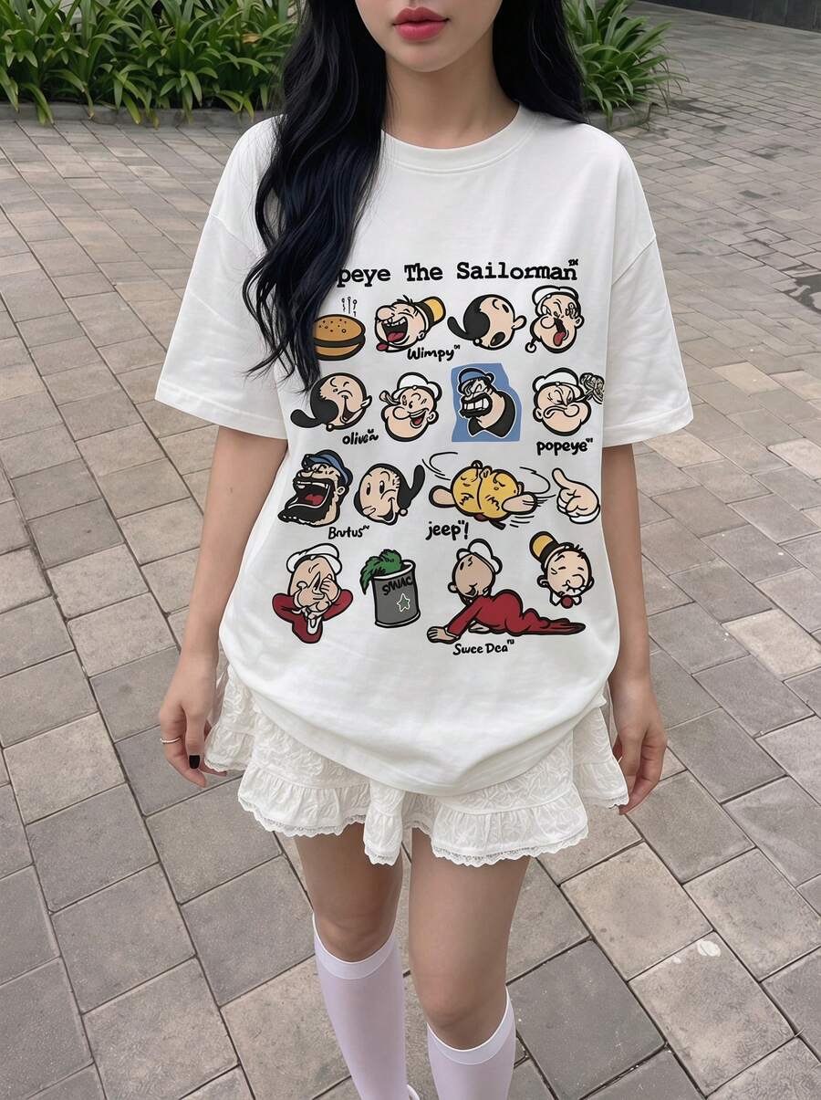 Rikumo Áo thun ngắn tay in hình hoạt hình phong cách retro mới, thiết kế độc đáo, dáng rộng, phù hợp mặc thường ngày vào mùa hè. Màu trắng.