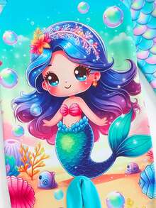 Young Girl' Cute Mermaid Print Zipper Long Sleeve One-Piece Rash Guard Swimsuit - Cadet Blue - View 4