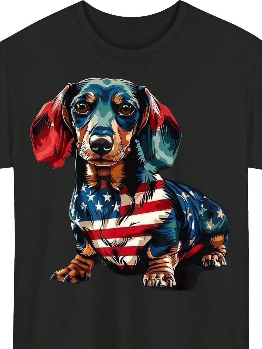 Patriotisches Herren-T-Shirt mit Dackel- und US-Flaggenmotiv – Schwarzes T-Shirt mit rot-weiß-blauem Aufdruck – Schweres Baumwollmaterial (180 g/m²) – Ideal für den 4. Juli, den Unabhängigkeitstag, Grillpartys und Paraden – Maschinenwaschbar, Größe L - Schwarz - Übersicht 1