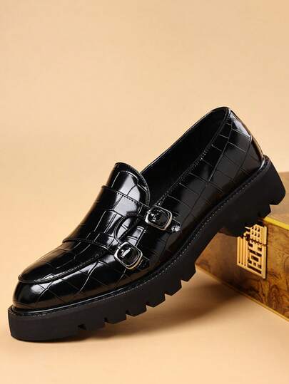 Men's Business Formal Shoes With Buckle, Plaid Pattern Monk Shoes With Thick Soles, Pointed Toe Increase Height Soft Bottom Derby Shoes, Green 2026 Spring Casual Monk Shoes, Classic Solid Color Comfortable Office Leather Shoes Minimalist Black Daily Commute Shoes Summer Soft Elegant Oxford Shoes, Lightweight Retro Distressed Autumn Moccasin Shoes With High-End Feel Winter Brown Wedding Party Formal Shoes Fashion Performance Shoes High-End Handmade Branded Shoes Luxury British Style Wedding Shoes Valentine's Day Holiday Gift Shoes