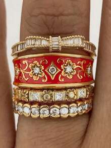 4 piezas de anillos de piedra de circonita cúbica de lujo, adecuados para mujeres, ideales para bodas, compromisos, fiestas de aniversario, regalo del Día de San Valentín - 5# - Ver 12