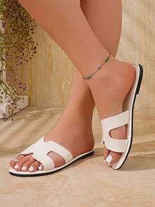 Women Flat Slide Sandals Minimal Hollow Wide Strap Design Lightweight Soft Upper Structure For Summer Casual Vacation White Fresh Style - White - View 1