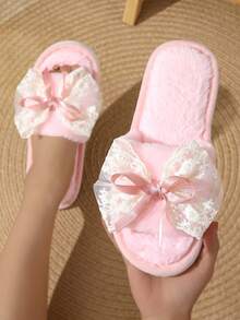 Sandal Renda Pita Musim Gugur/Dingin untuk Wanita, Sandal Dalam Ruangan Hangat dan Nyaman, Sandal Pasangan - Berwarna merah muda - View 5