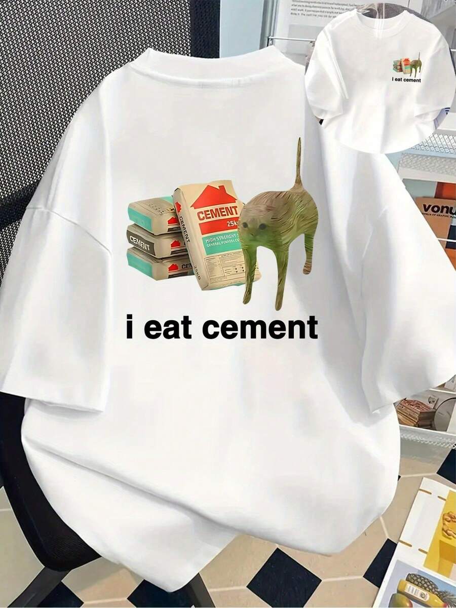 Cement Monster, Eating Cement - Women's Printed T-Shirt With Front And Back Motifs - Short Sleeve - Fashionable Spring/Summer Printed T-Shirt, Item From , Versatile Casual T-Shirt. - White - View 1