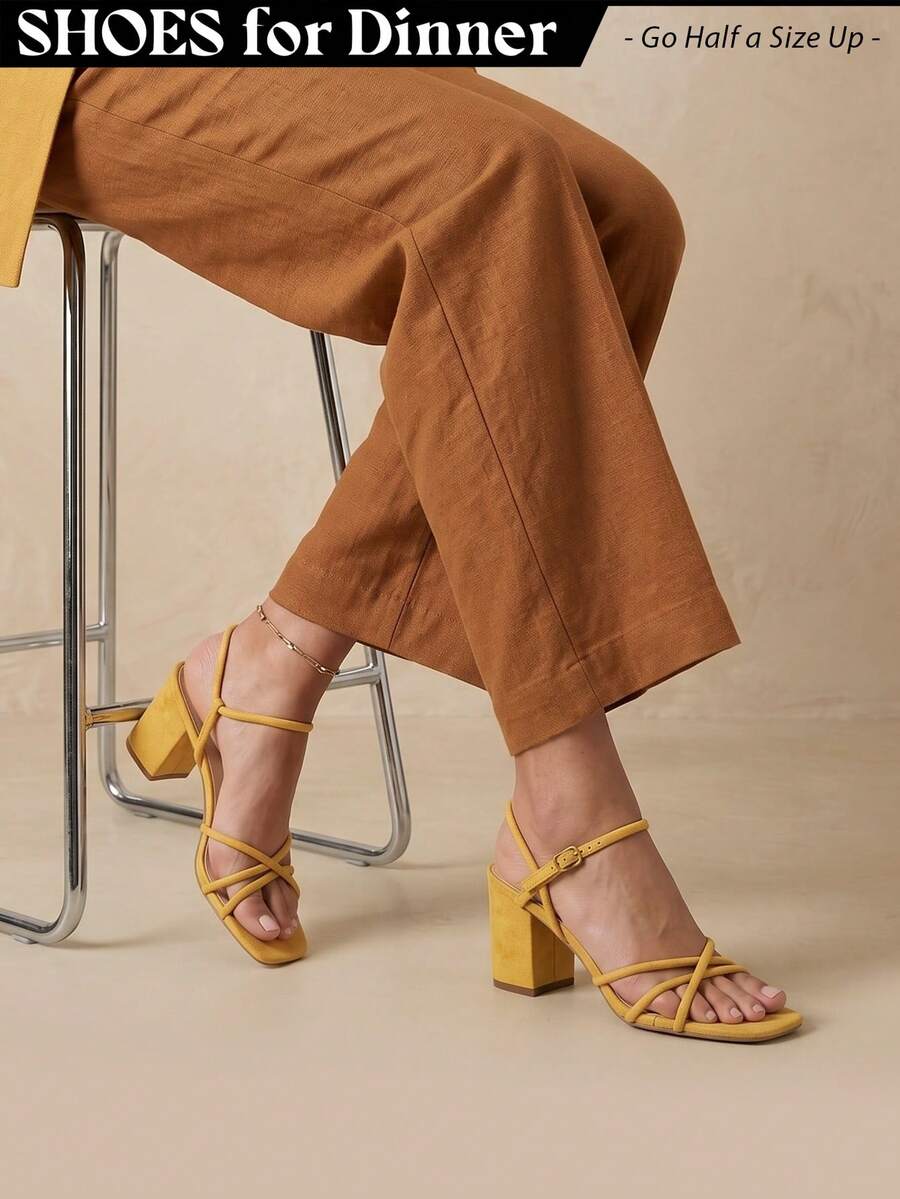 Women Strappy Square Toe Chunky Block Mid Heel Sandals – Cute Elegant Buckle Strap Heels For Spring/Summer Weddings, Bridesmaid, Date Night, Party, Prom & Business Casual Wear [Size Up Half Size] - 萬壽菊純素絨面革 - 查看 1