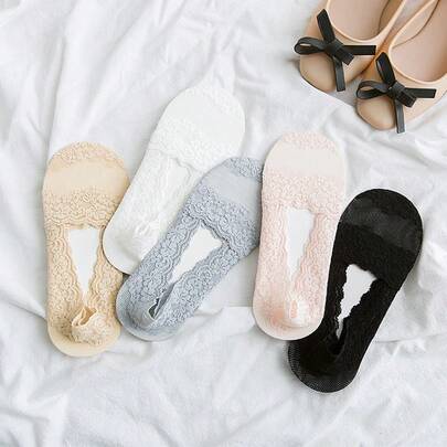 Women's Lace Trim Invisible Liner Socks, Lightweight Mesh Lace Invisible Socks For Summer, Shallow Mouth High Heels Socks, Suitable For Daily Casual And Office Wear